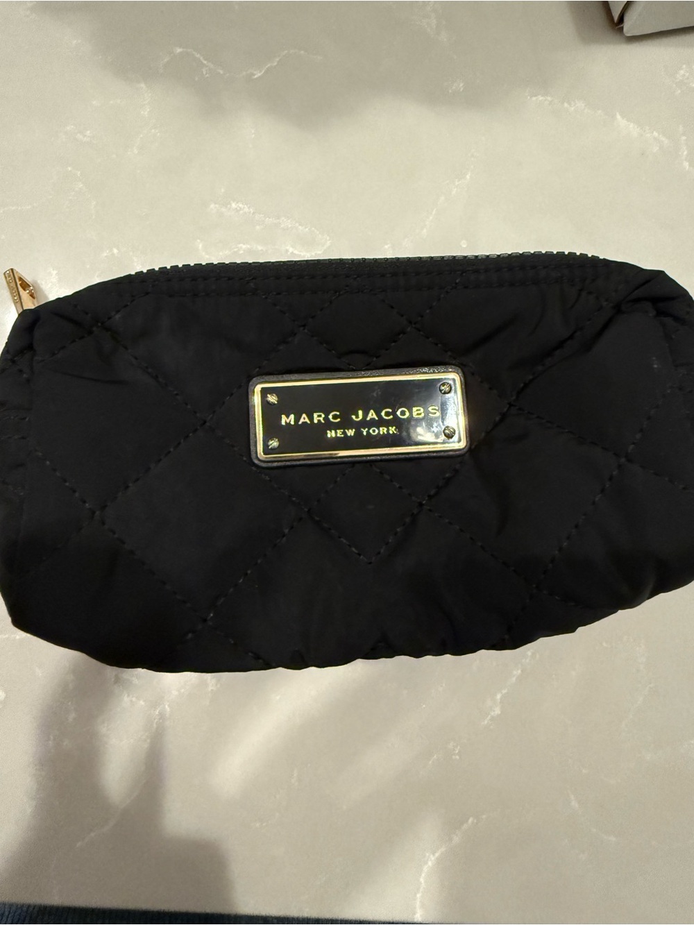 Marc Jacobs Black Quilted Cosmetic Pouch with Gold Plaque